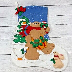 Christmas Bear Bucilla Daisy Kingdom Handmade Stocking Jumbo 26" Sequins Felt